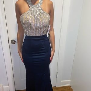 Camille la vie navy blue sequined halter dress